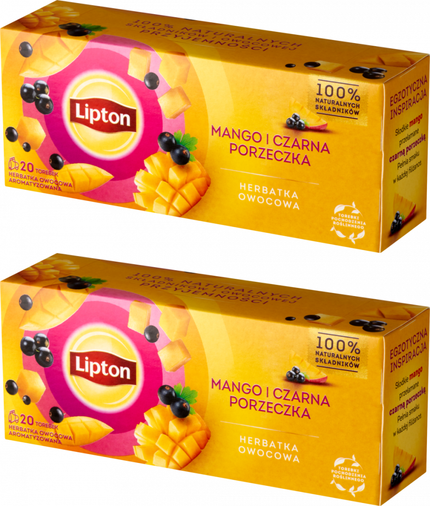 2x Herbata owocowa w torebkach Lipton, mango i czarna porzeczka, 20 sztuk x 1.7g
