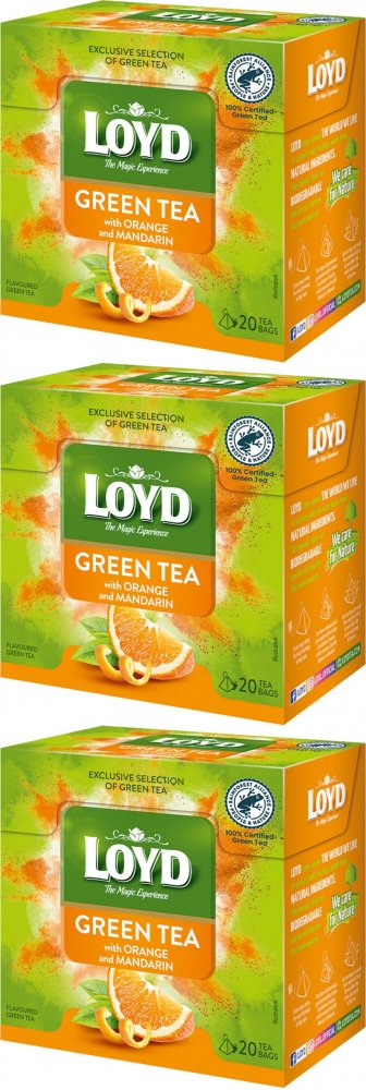 3x Herbata zielona smakowa w piramidkach Loyd, pomarańcza/mandarynka, 20 sztuk x 1.5g