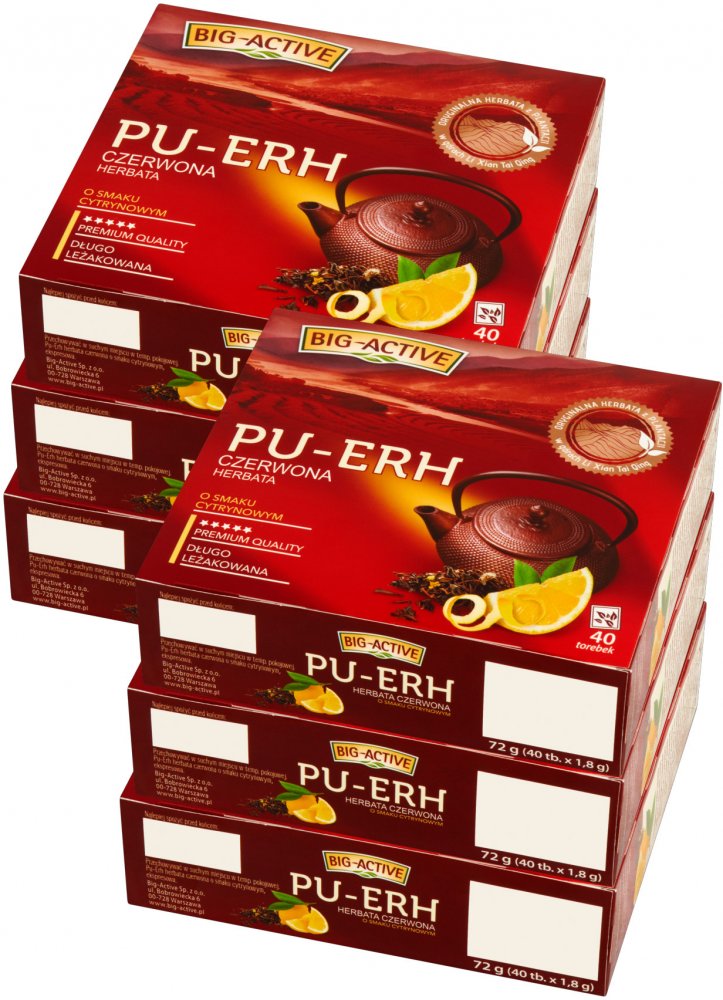 6x Herbata czerwona w torebkach Big-Active Pu-erh, cytrynowa, 40 sztuk x 1.8g