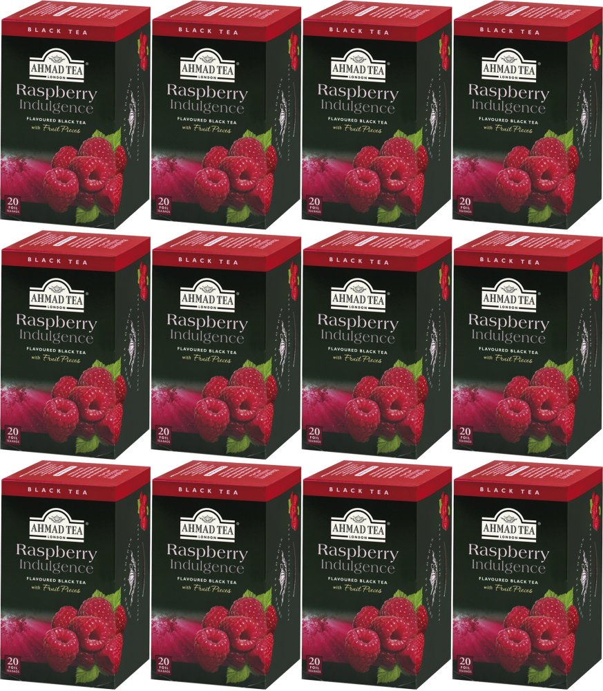 12x Herbata czarna aromatyzowana w kopertach Ahmad Tea Raspberry Indulgence, malina, 20 sztuk x 2g