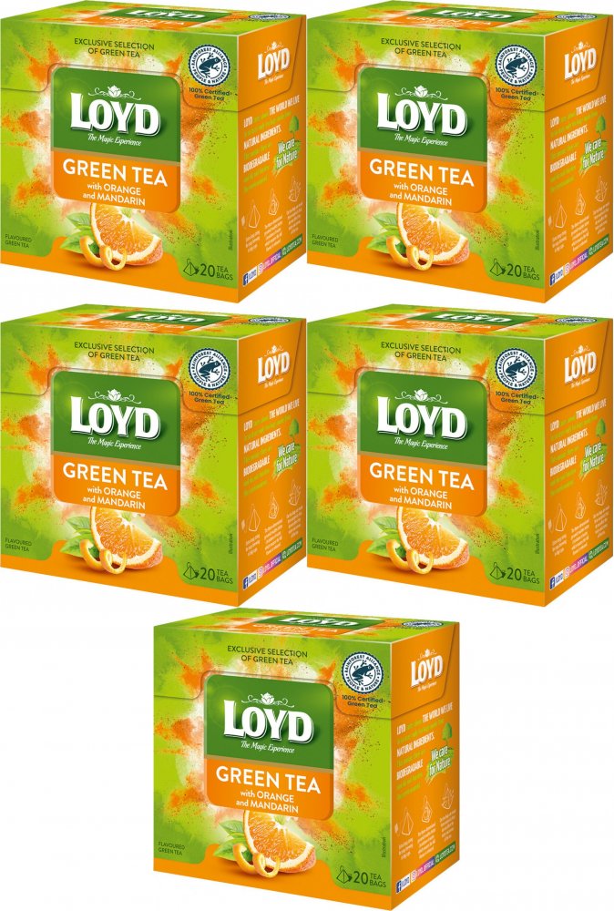 5x Herbata zielona smakowa w piramidkach Loyd, pomarańcza/mandarynka, 20 sztuk x 1.5g