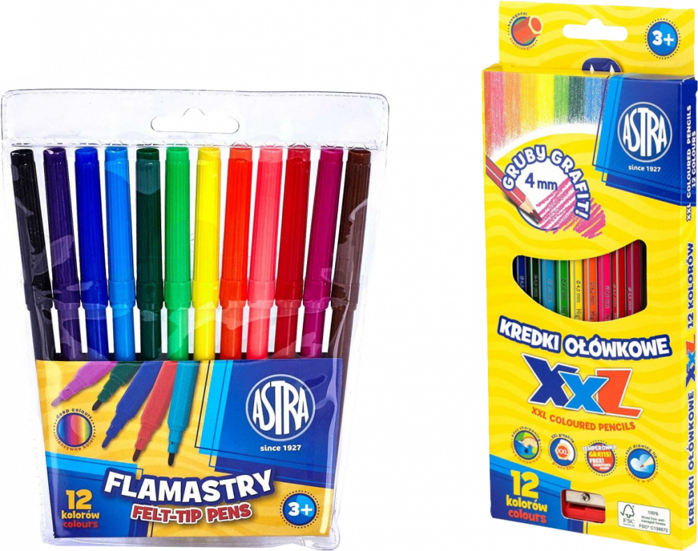 Zestaw: Kredki ołówkowe Astra XXL, hexagonalne, 12 sztuk + temperówka, mix kolorów + Flamastry Astra CX, 12 sztuk, mix kolorów