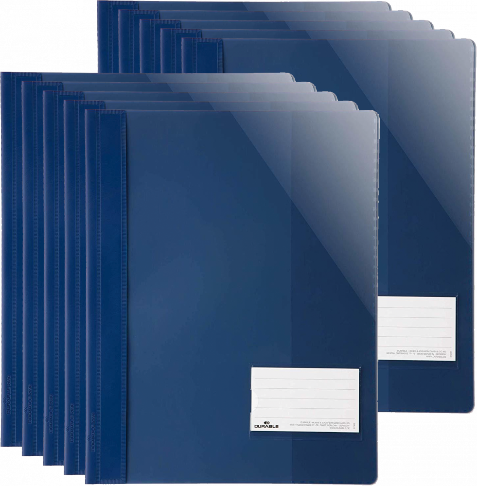 10x Skoroszyt plastikowy Durable, A4+, z okienkiem, do 200 kartek, przezroczysty/granatowy