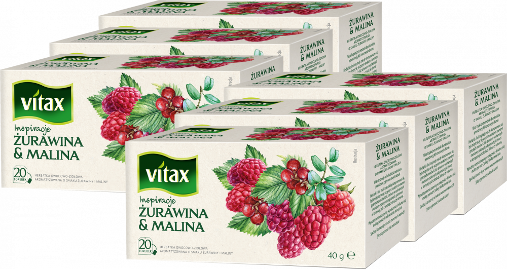 6x Herbata owocowa w torebkach Vitax Inspirations, żurawina i malina, 20 sztuk x 2g