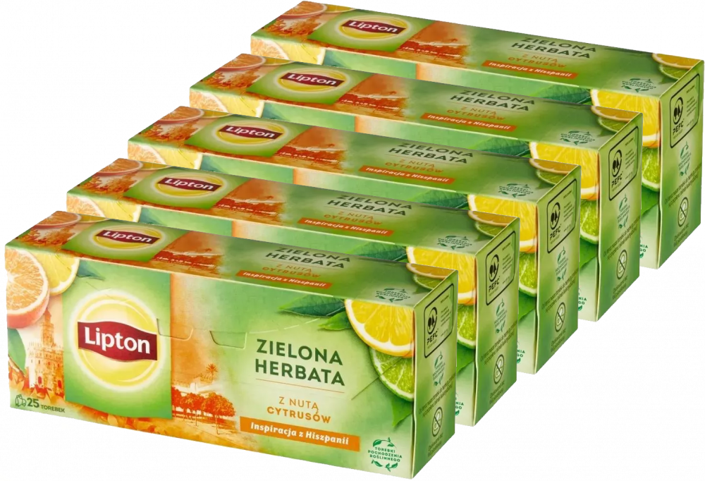5x Herbata zielona smakowa w torebkach Lipton Green Tea Citrus, cytrusowa, 25 sztuk x 1.3g