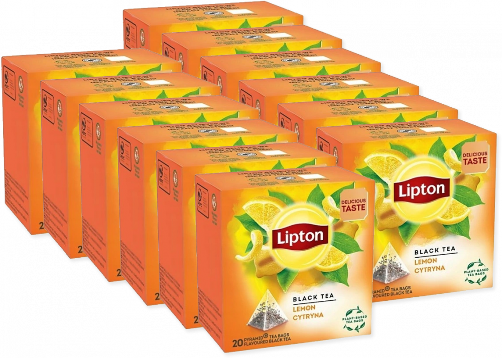 12x Herbata czarna aromatyzowana w piramidkach Lipton, cytryna, 20 sztuk x 1.2g