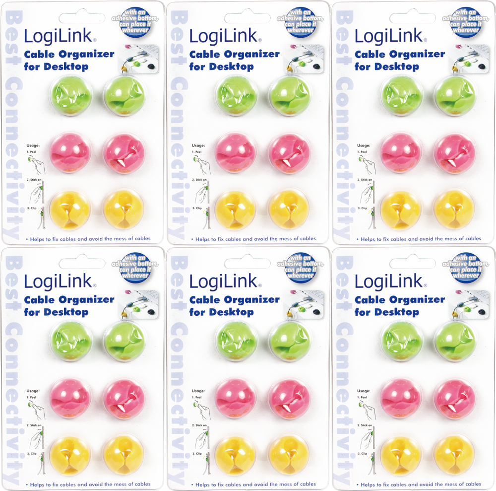 6x Samoprzylepne klipsy LogiLink, na 1 kabel, 6 sztuk, mix kolorów