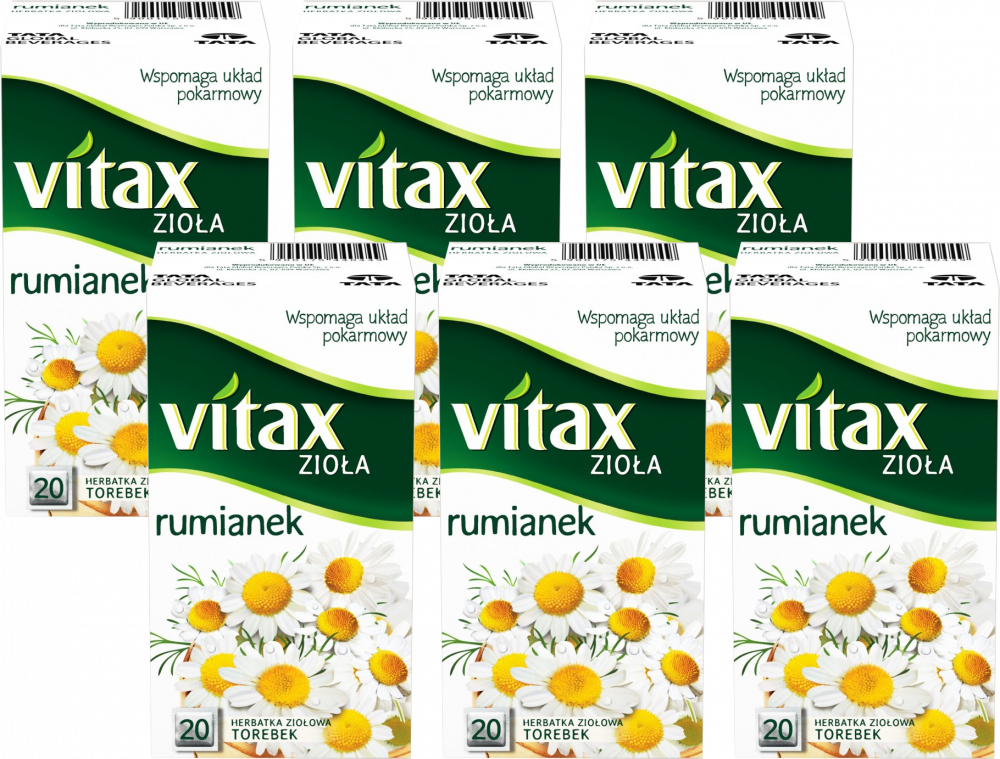 6x Herbata ziołowa w torebkach Vitax, rumianek, 20 sztuk x 1.5g