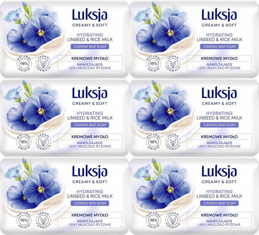 6x Mydło w kostce Luksja Linseed, len i mleczko ryżowe, 90g