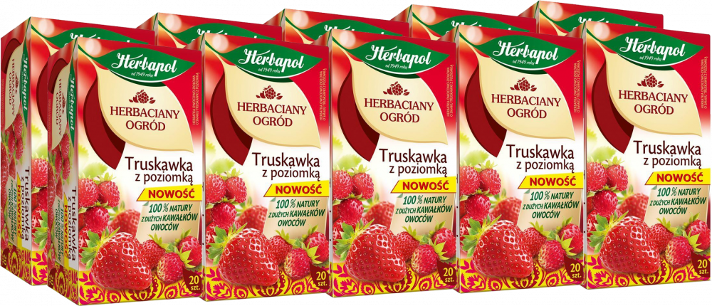 10x Herbata owocowa w torebkach Herbapol Herbaciany Ogród, truskawka z poziomką, 20 sztuk x 2.5g