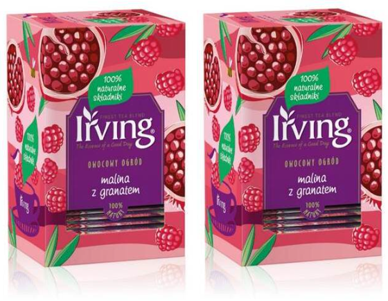 2x Herbata owocowa w kopertach Irving, malina z granatem, 20 sztuk x 2g