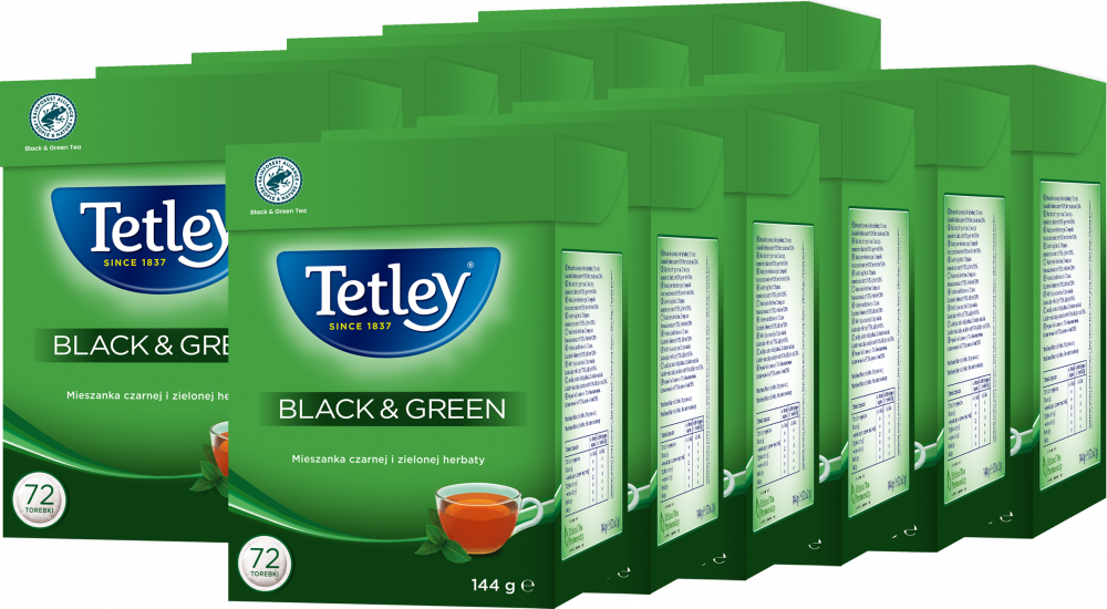 12x Herbata czarna/zielona w torebkach Tetley Black & Green, 72 sztuki x 2g