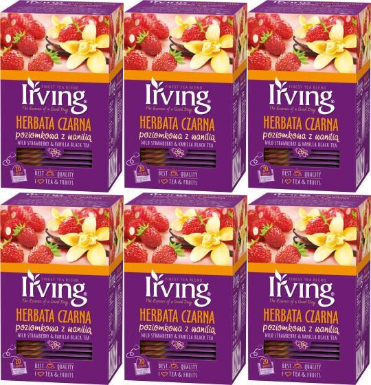 6x Herbata czarna aromatyzowana w kopertach Irving, poziomka z wanilią, 20 sztuk x 1.5g