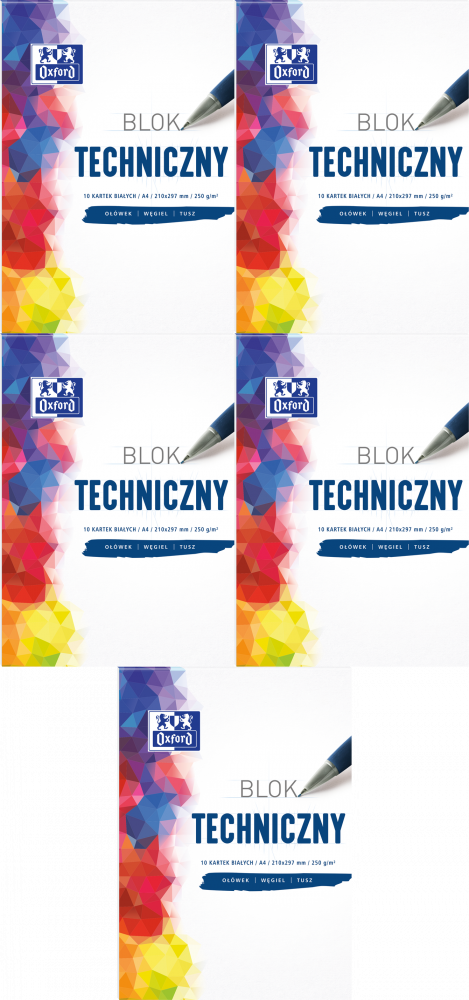 5x Blok techniczny Oxford, A4, 10 kartek, biały