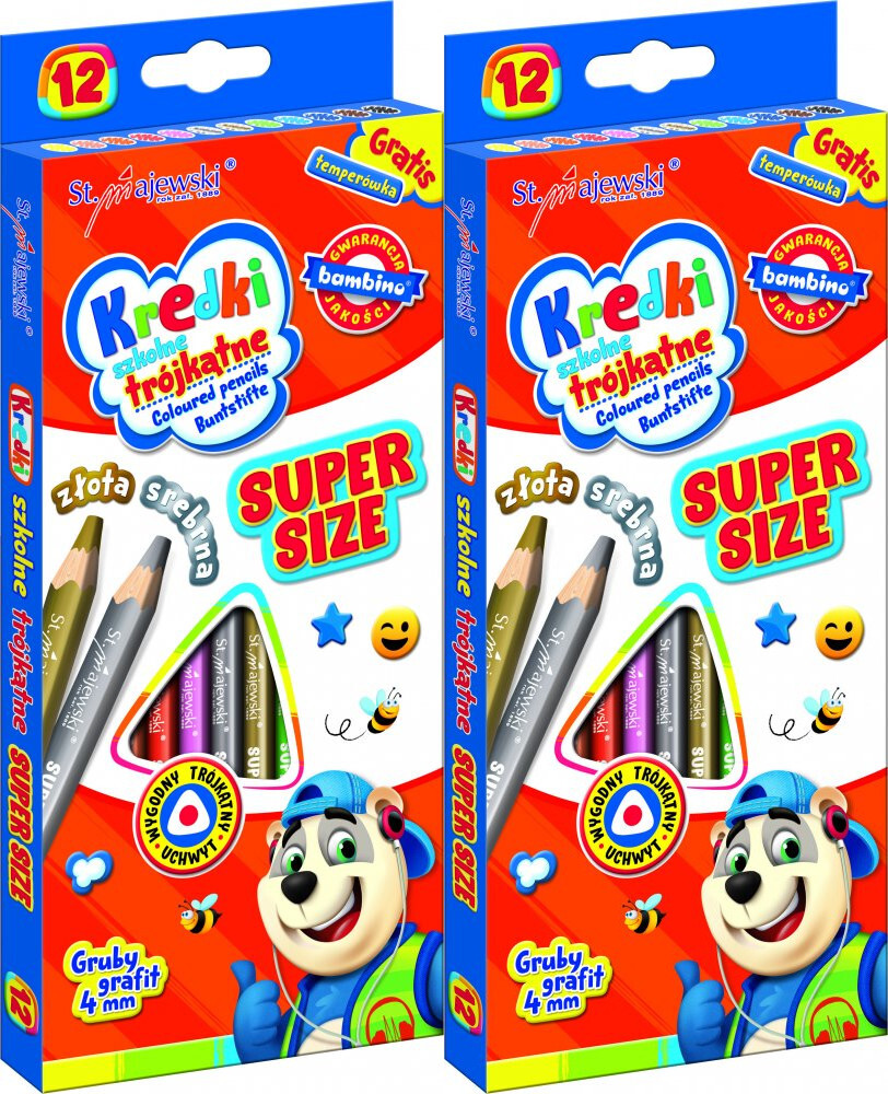 2x Kredki Bambino Super Size Zwierzaki Uczniaki, trójkątne, 12 sztuk + temperówka, mix kolorów