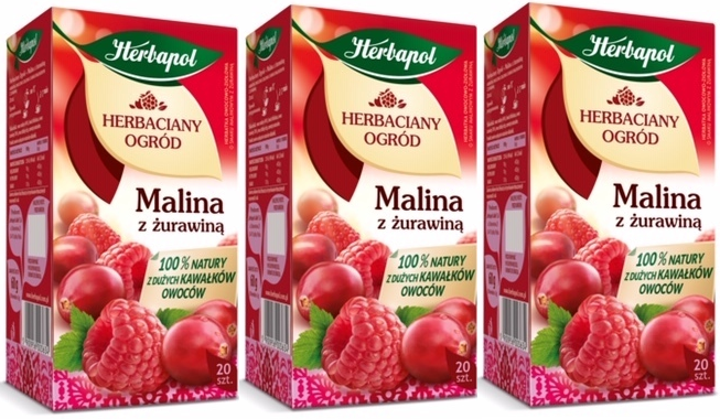 3x herbata owocowa w torebkach Herbapol Herbaciany Ogród, malina i żurawina, 20 sztuk x 3g