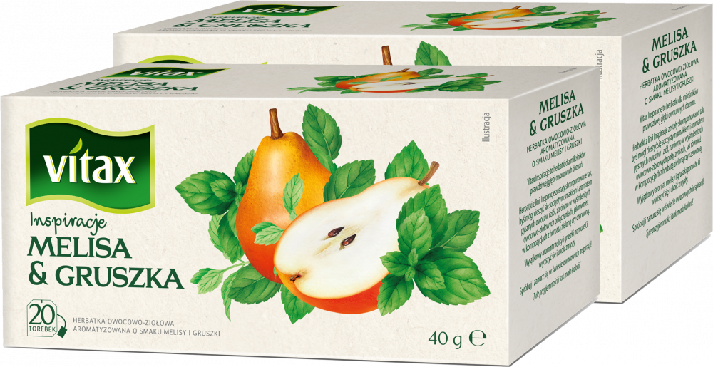 2x Herbata owocowa w torebkach Vitax Inspirations, melisa i gruszka, 20 sztuk x 2g