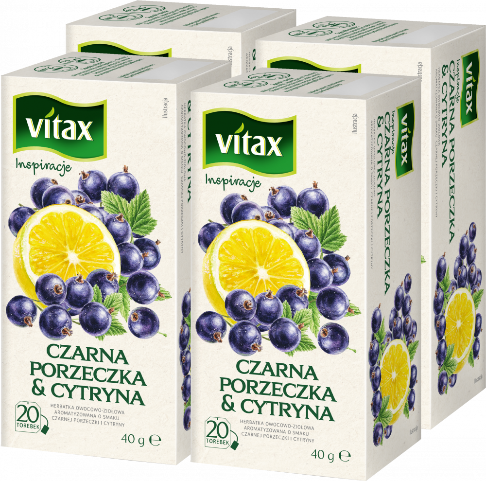 4x Herbata owocowa w torebkach Vitax Inspirations, czarna porzeczka & cytryna, 20 sztuk x 2g