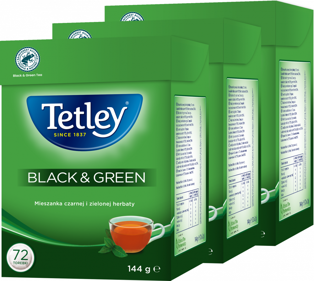3x Herbata czarna/zielona w torebkach Tetley Black & Green, 72 sztuki x 2g