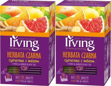 2x Herbata czarna aromatyzowana w kopertach Irving, cytryna i imbir, 20 sztuk x 1.5g
