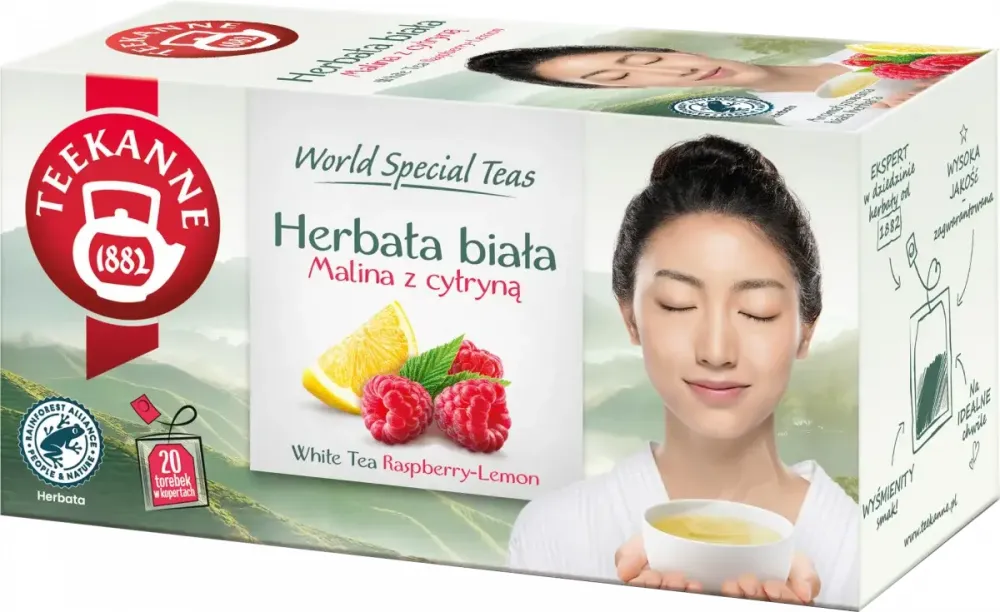 Herbata biała smakowa w torebkach Teekanne White Tea Rasberry-Lemon, malina z cytryną, 20 sztuk x 1.25g