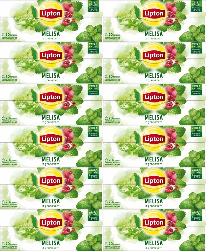 12x Herbata ziołowa w torebkach Lipton, melisa z granatem, 20 sztuk x 1.2g