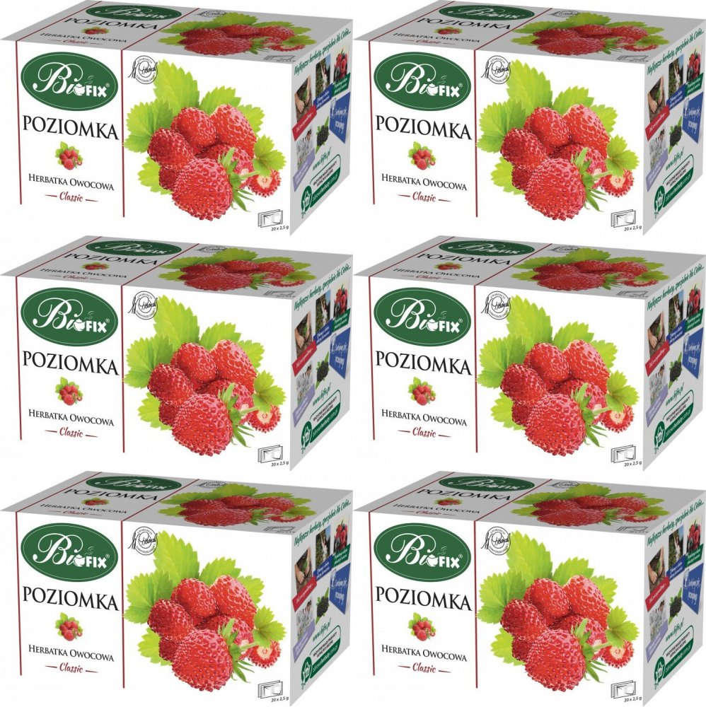 6x Herbata owocowa w torebkach BiFix Classic, poziomka, 20 sztuk x 2.5g