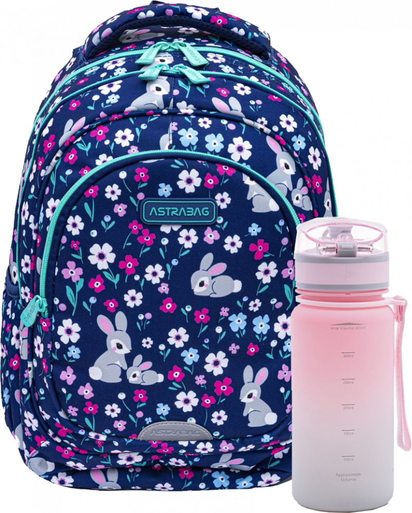 Zestaw: Plecak Astra Astrabag Baby Bunny+ bidon Astra Aqua Pure różowo-szary