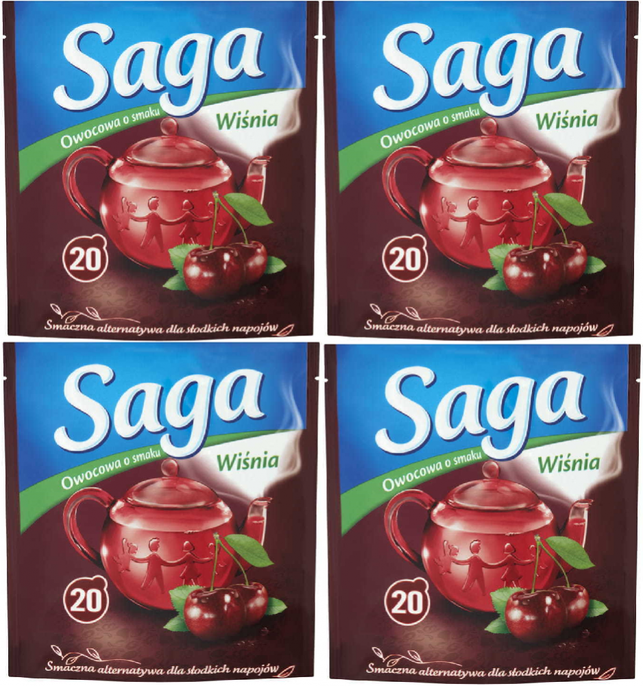 4x herbata owocowa w torebkach Saga, wiśnia, 20 sztuk x 1.7g