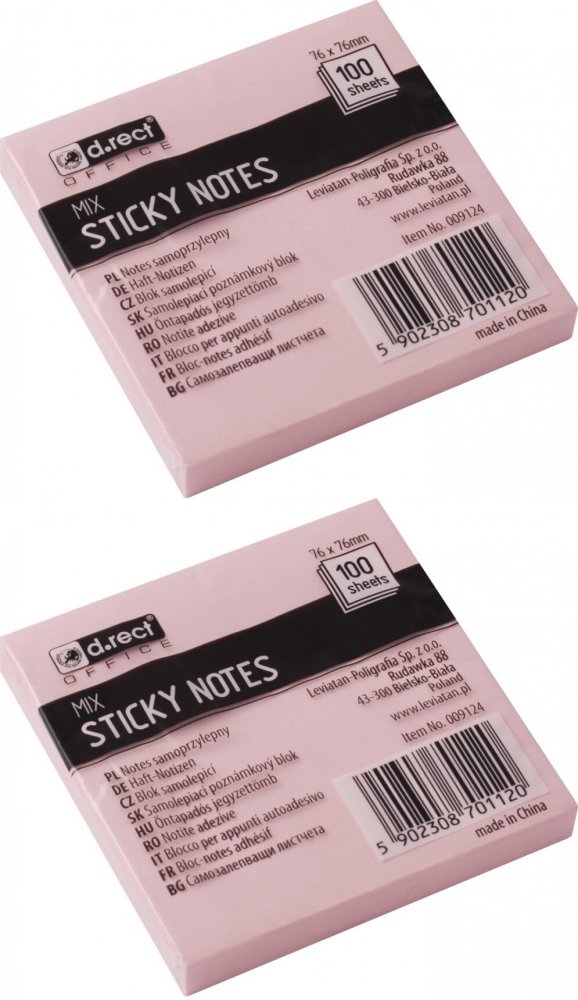 2x Karteczki samoprzylepne D.Rect, 76x76mm, 100 karteczek, mix kolorów pastelowych