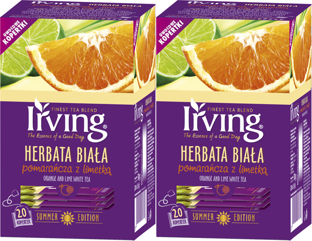 2x Herbata biała smakowa w kopertach Irving, pomarańcza z limetką, 20 sztuk x 1.5g