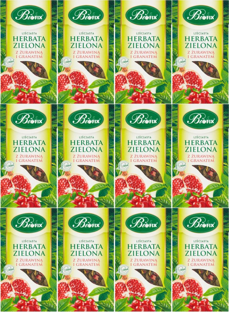 12x Herbata zielona liściasta BiFix, z żurawiną i granatem, 100g