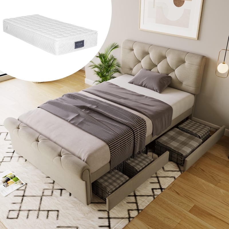 Rama łóżka z 2 szufladami, łóżko tapicerowane jednoosobowe 90x200cm, funkcjonalne łóżko Chesterfield, naturalne, z materacem