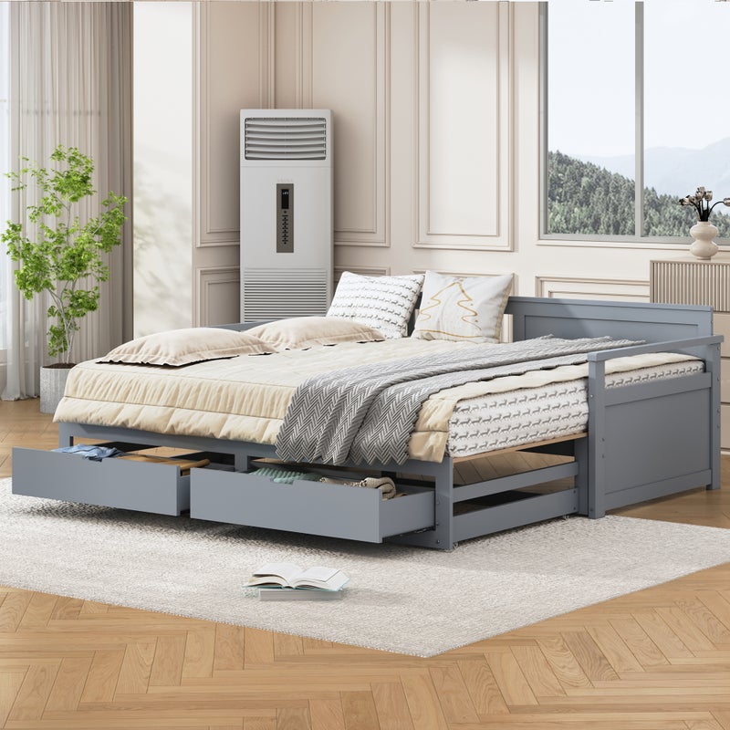 Wielofunkcyjna sofa 2 w 1 90 (180) x 190 z łóżkiem sosnowym, szufladami i szarym łóżkiem wysuwanym