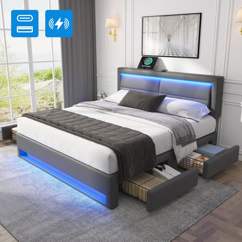 Łóżko dwuosobowe 160×200, USB, LED, 4 szuflady, wzór PU liczi, szare, bez materaca.