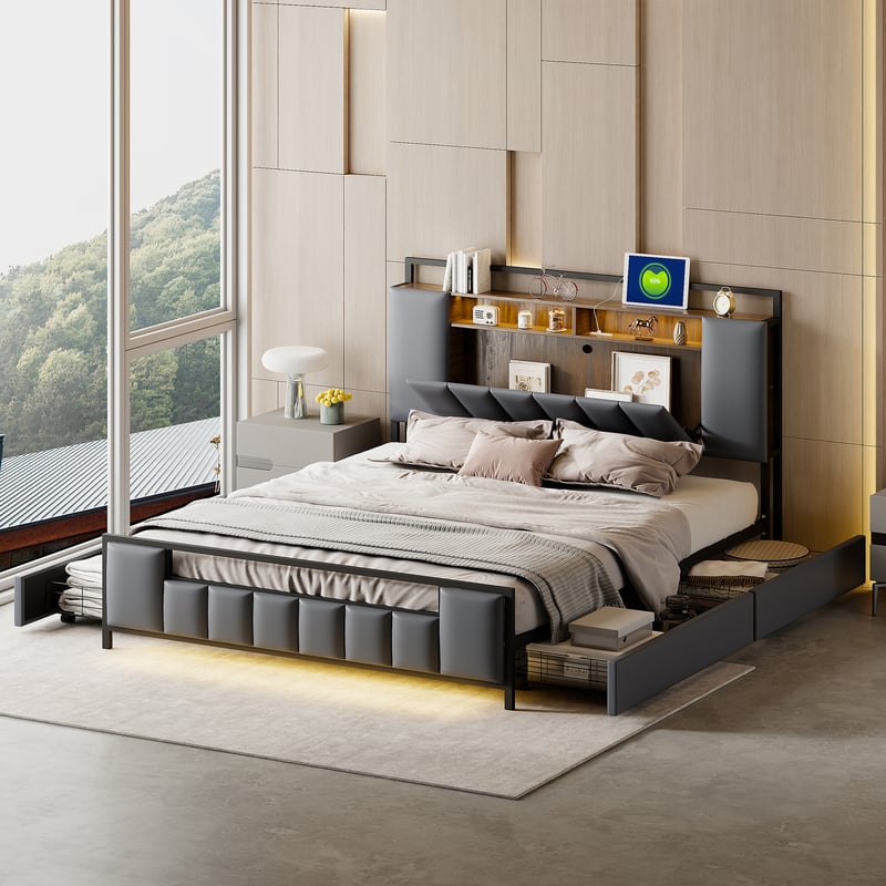 Łóżko dwuosobowe 160×200, LED, USB, szuflady, lite żelazo, sztuczna skóra, kolor szary.