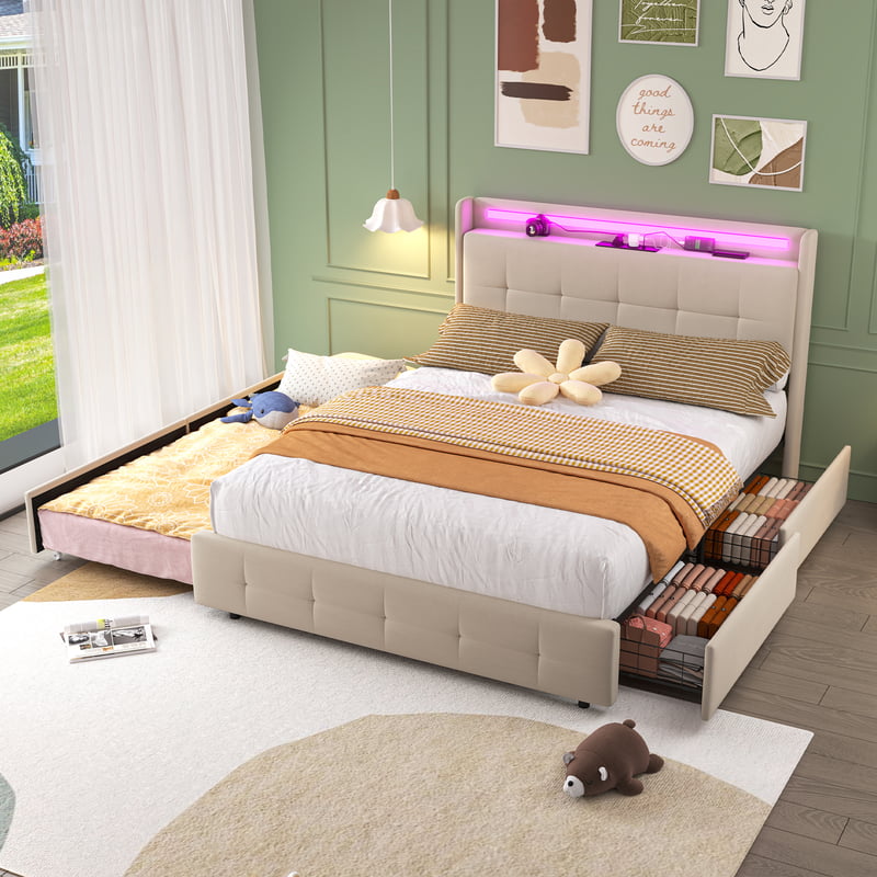 Łóżko dwuosobowe 160×200, USB, LED, 2 szuflady, drewniany stelaż, beżowe.
