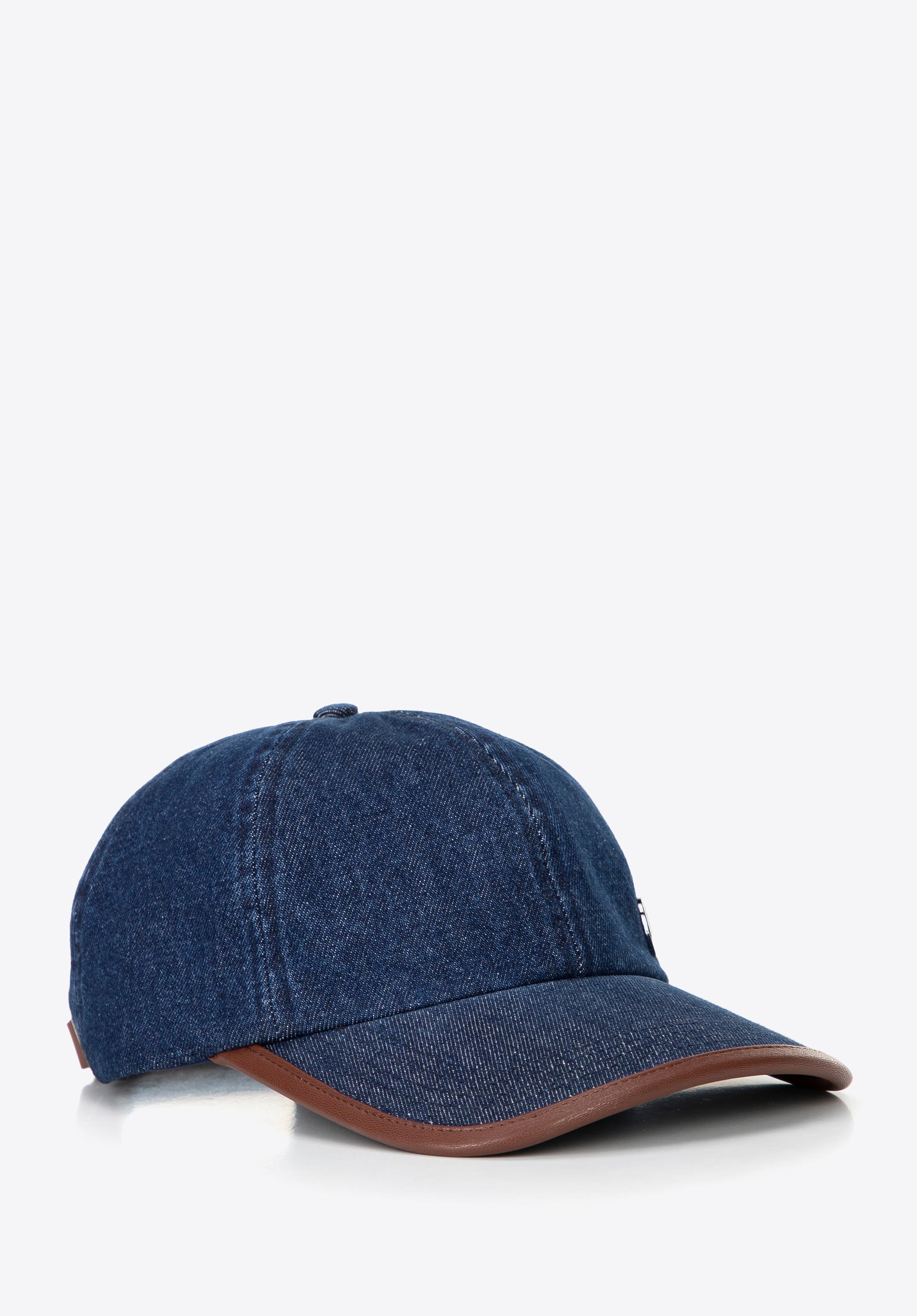 Czapka z daszkiem z domieszką bawełny unisex granatowo - brązowa