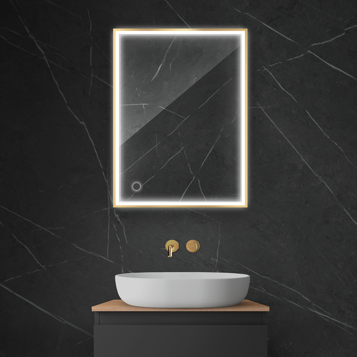 Darmowa Dostawa - Lustro 60x80 cm prostokątne z oświetleniem z matą grzewczą złoty Oltens Nordlis 64105800