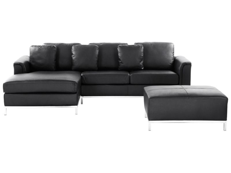 Sofa narożna prawostronna z otomaną Oslo Skóra naturalna Czarny Prawostronny 1 kpl