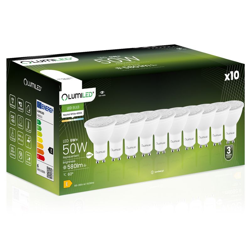 Żarówka LED LUMILED GU10 6W 580lm 4000K 24st 36st 60st 10 szt.