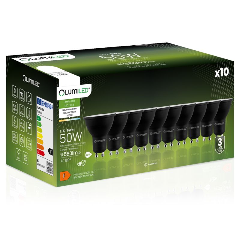 Żarówka LED LUMILED GU10 6W 580lm 4000K 120st Czarna 10 szt.
