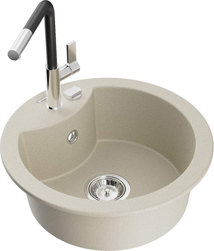Zlewozmywak granitowy Mexen Diego 1-komorowy z baterią kuchenną Flora beżowy 6512-69-670401-07
