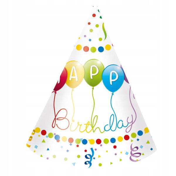 Czapeczki Urodzinowe papierowe "Happy Birthday Streamers", 6 szt.
