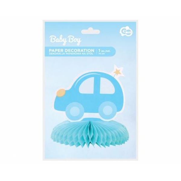 Dekoracja papierowa B&G na stół Baby Boy - samochodzik, jasnoniebieska