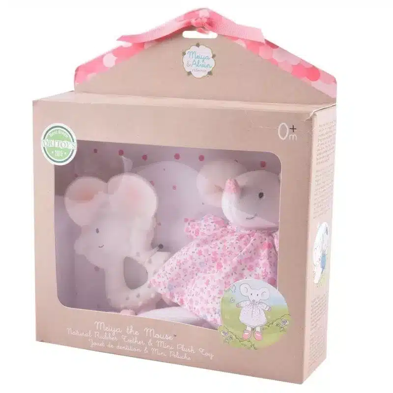 Zestaw prezentowy Baby Shower Set z lalką przytulanką i gryzakiem z organicznego kauczuku Hevea Meiya Mouse BBTB
