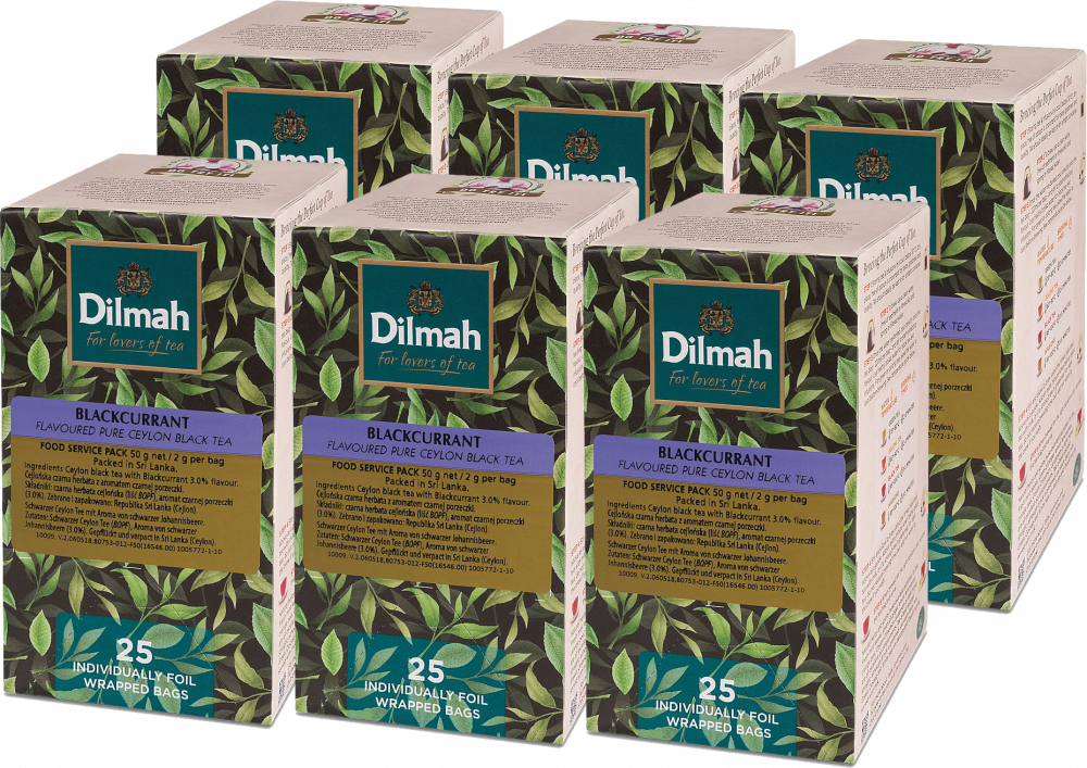 6x Herbata czarna aromatyzowana w kopertach Dilmah, czarna porzeczka, 25 sztuk x 2g