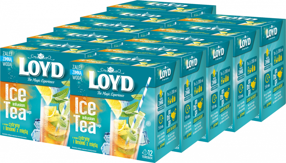 10x Herbata owocowo-ziołowa w piramidkach Loyd Ice Tea, cytryna/limonka/mięta, 12 sztuk x 2.5g