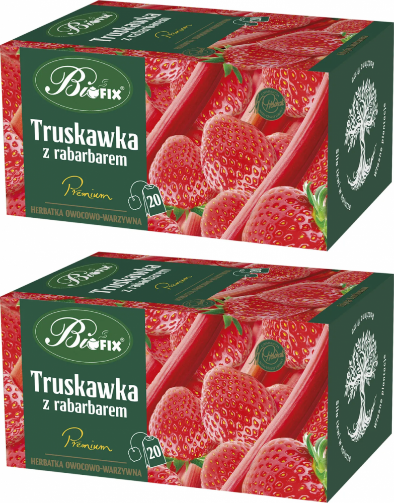 2x Herbata owocowa w kopertach BiFix Premium, truskawka z rabarbarem, 20 sztuk x 2g