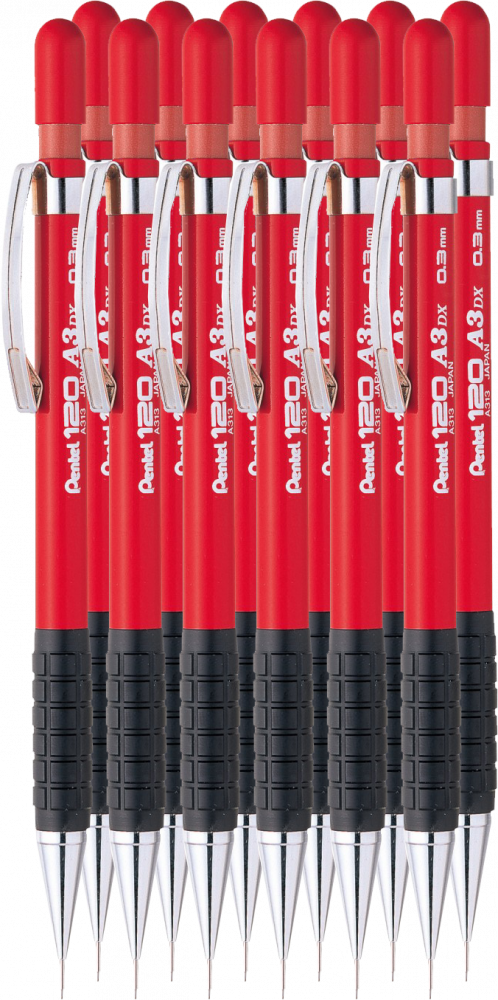 12x Ołówek automatyczny Pentel A300, 0.3mm, z gumką, czerwony